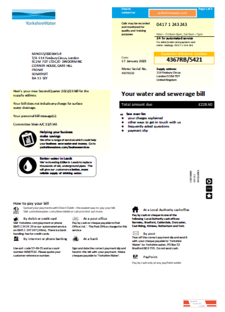 Yorkshire water utility business bill,  page 1 SCR PSD template